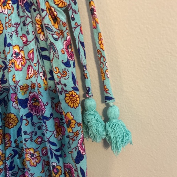 Bebop Boho Floral Sleeveless Romper | Turquoise Blue | Tassel Tie | Size Large - Picture 9 of 15